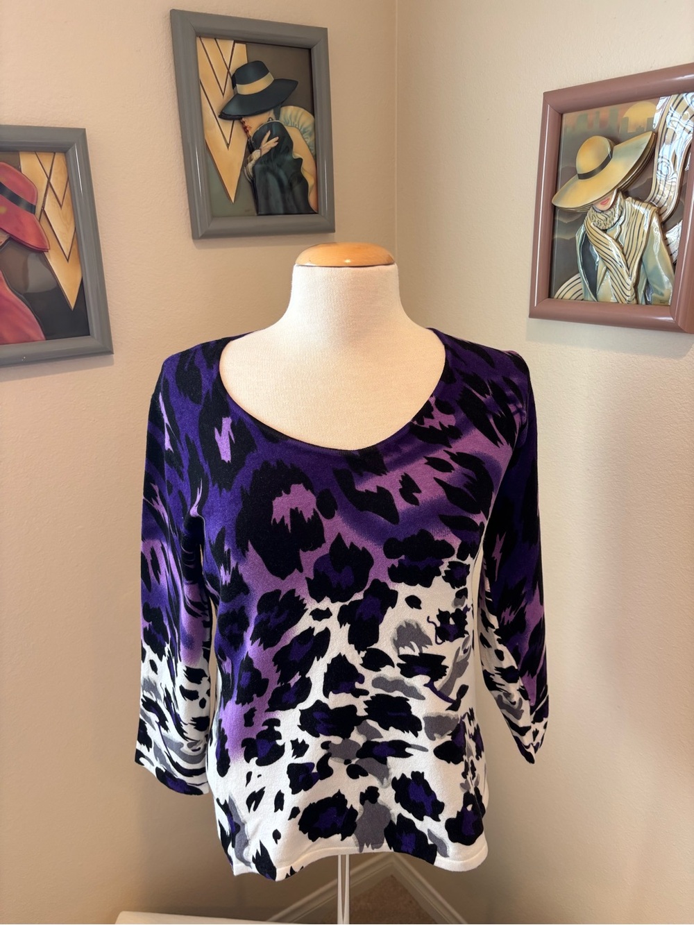 Cache Purple Black White Animal Print Scoop Neck Top